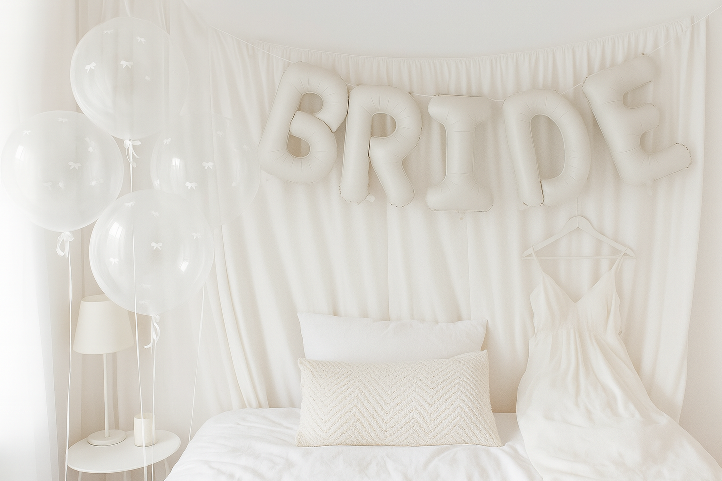 Decorative setup with 'BRIDE' balloons on a bedroom set up with white slip dress