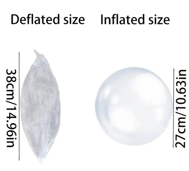 Comparison of deflated and inflated clear balloons with measurements on a white background