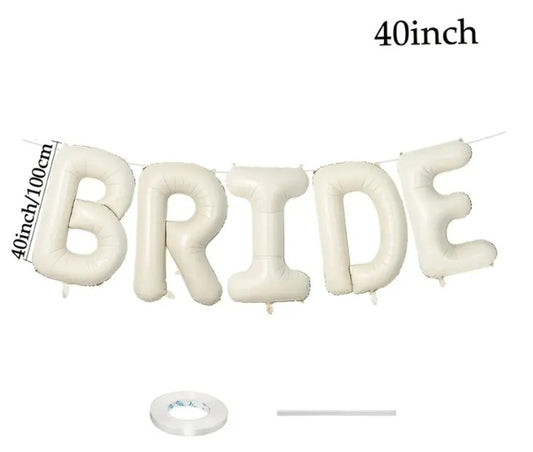 White balloon letters spelling 'BRIDE' with measurement labels on a white background