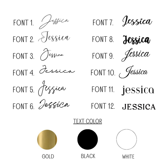 Comparison of 'Jessica' text in various fonts with color options on a white background