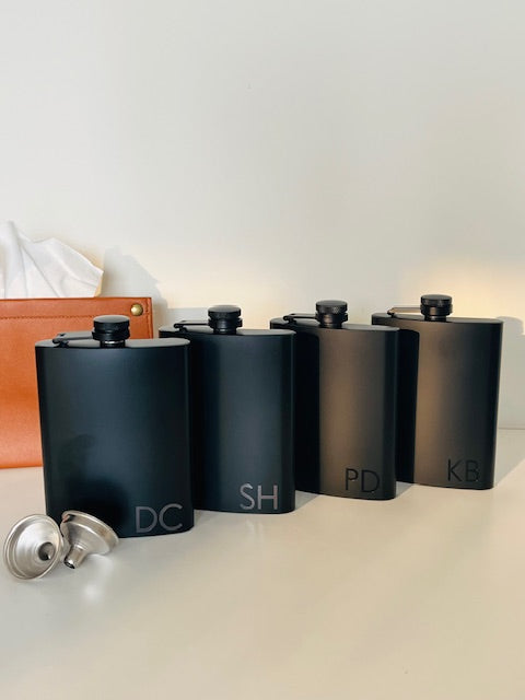 Personalized groomsmen champagne glasses and hip flask set