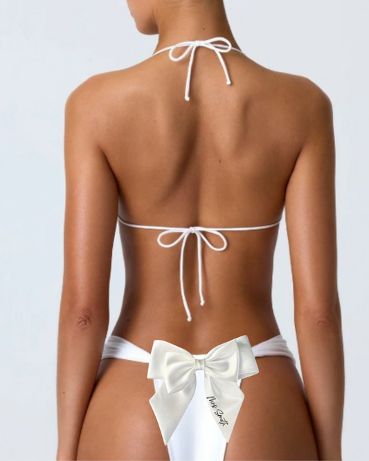white bikini with white satin bow personalised with text