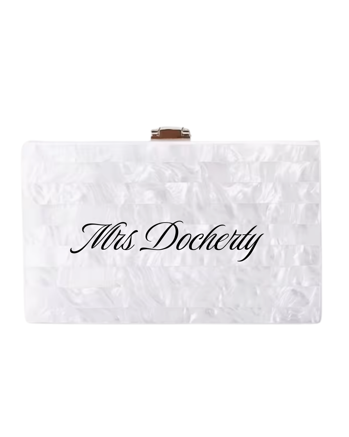 A white textured clutch bridal bag with a small gold metal clasp at the top and the name 'Mrs. Docherty' printed in black cursive across the front, shown on a plain white background.