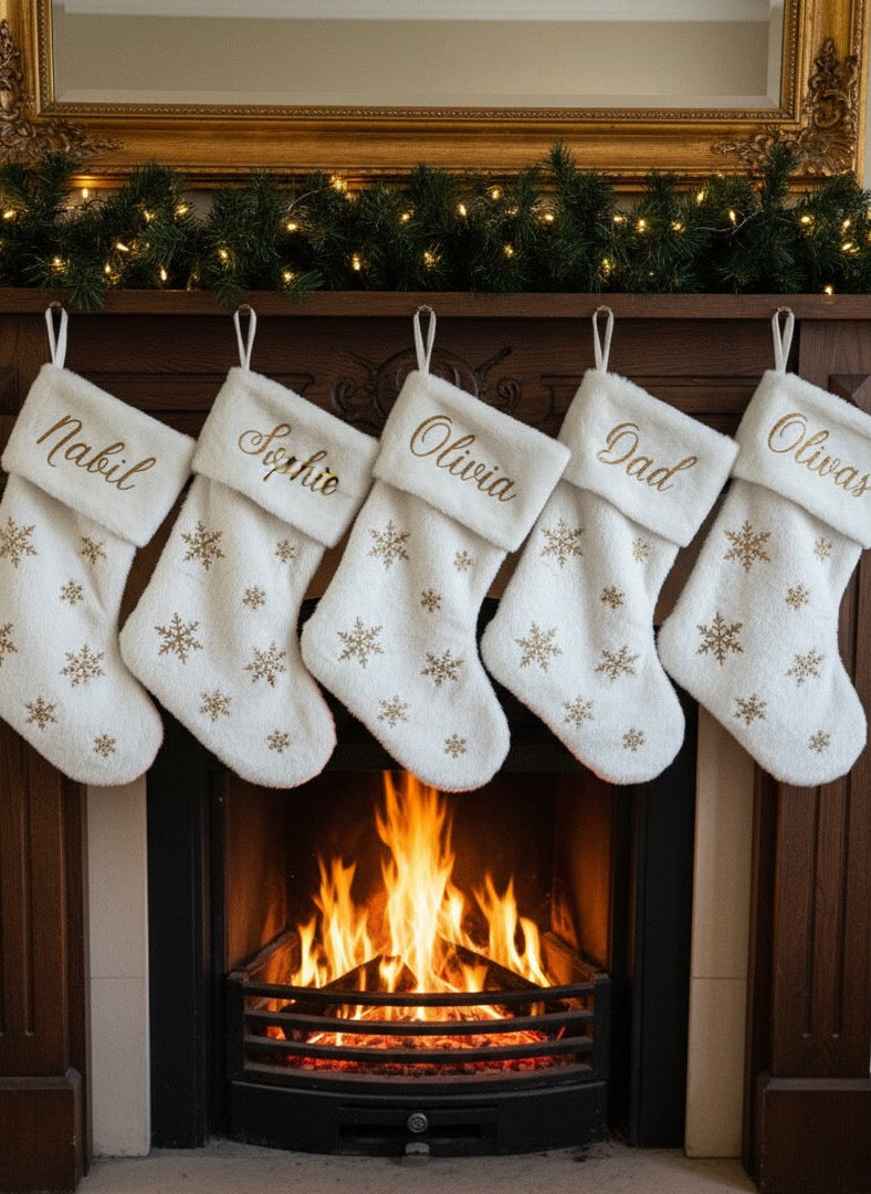 Five white Christmas stockings with names embroidered on them hanging above a fireplace.