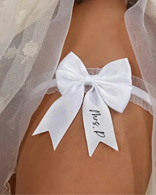 White bow garter with custom text