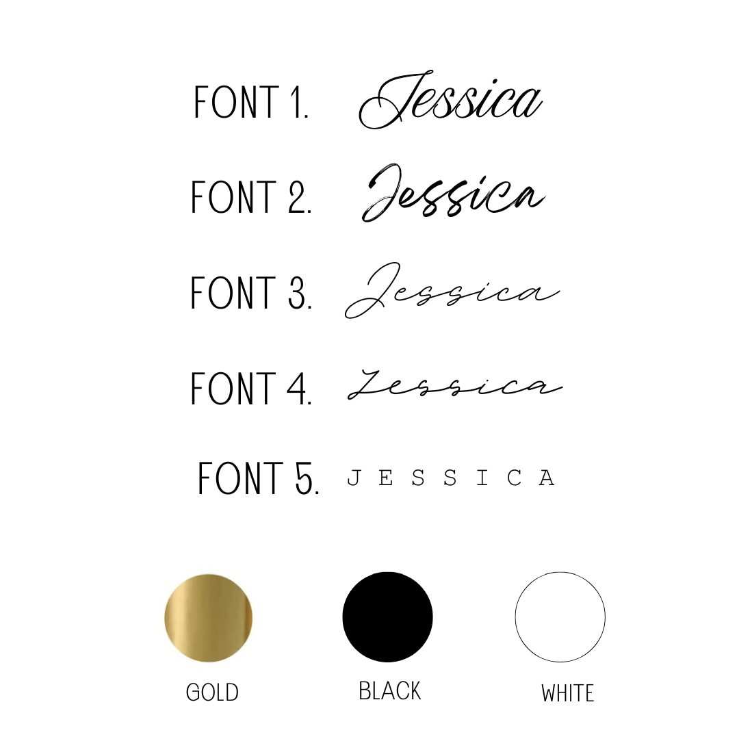 Comparison of 'Jessica' text in five different fonts with color options below.