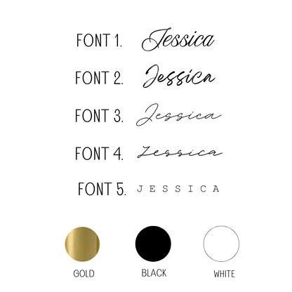 Comparison of 'Jessica' text in five different fonts with color options below.