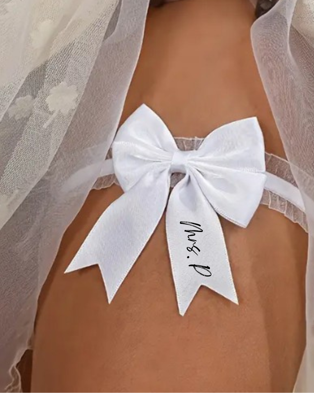 White bow garter with custom text