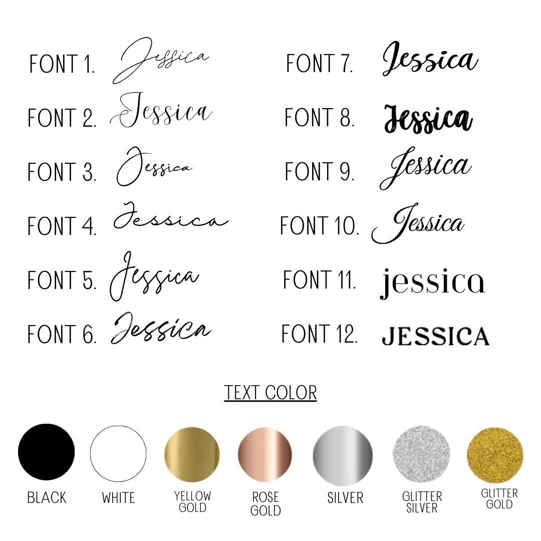 Comparison of 'Jessica' text in various fonts and text colors on a white background.