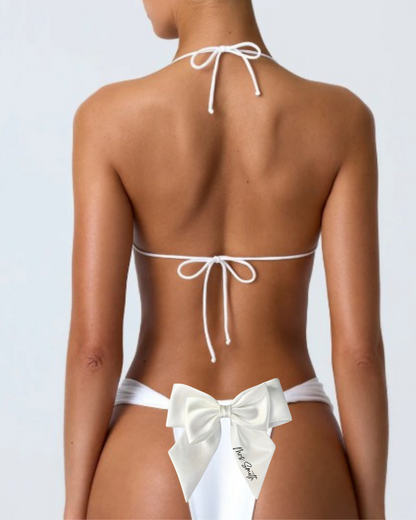 white bikini with white satin bow personalised with text